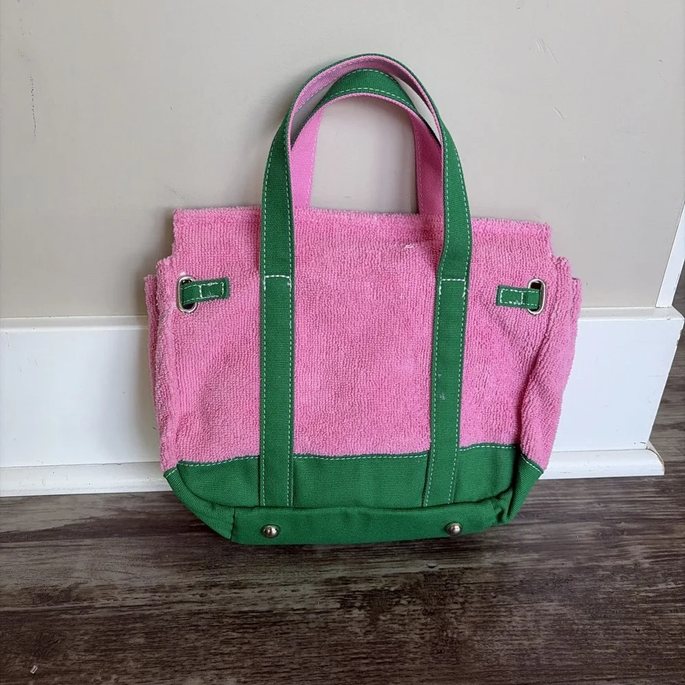 SUNWIN RARE Pink & Green Terry‎ Cloth Small Boatkin style Tote Bag.